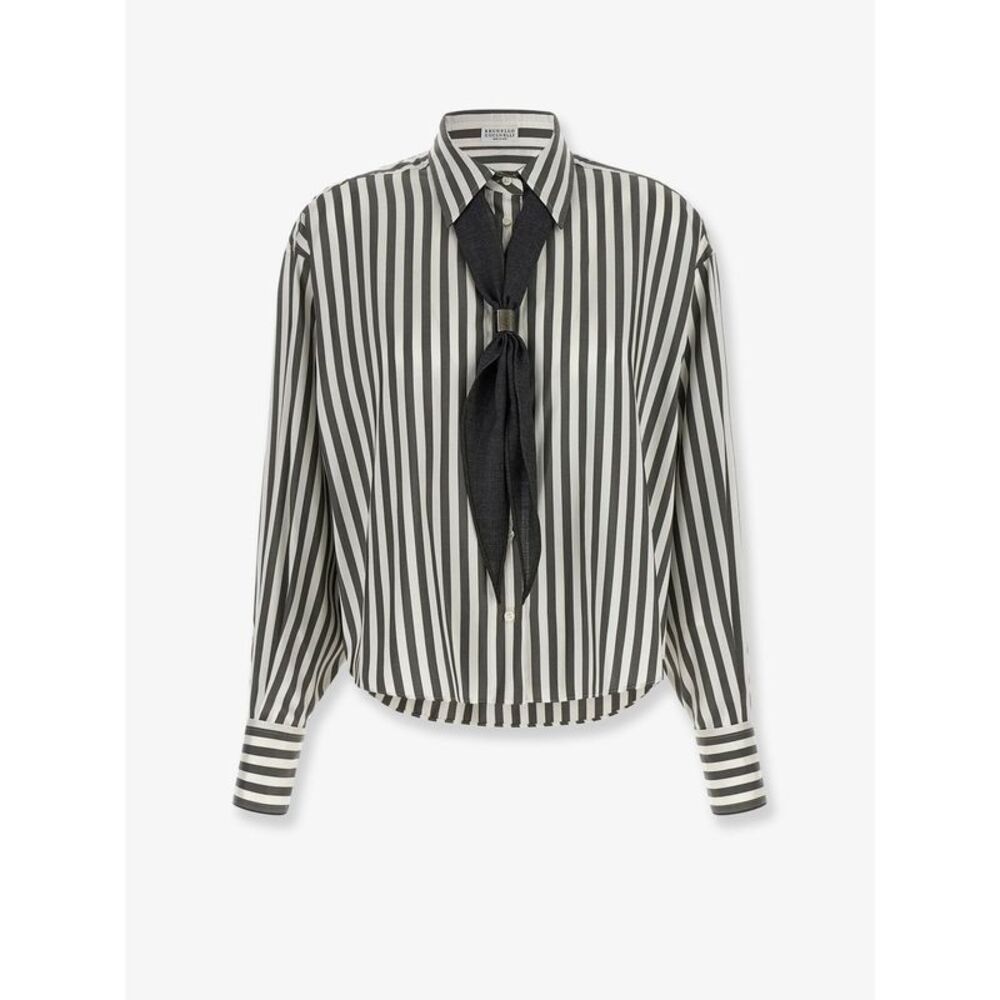 Brunello Cucinelli Women Striped Silk Shirt With Foulard